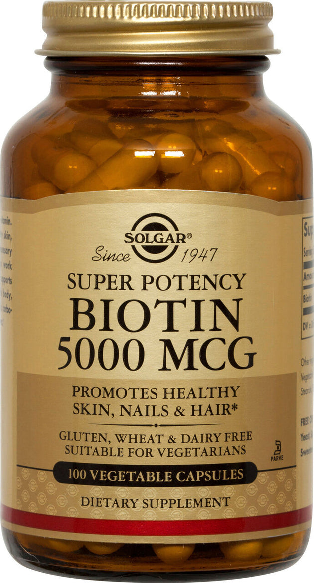 Biotin, 5000 mcg, 100 Vegetable Capsules , Brand_Solgar Form_Vegetable Capsules Potency_5000 mcg Size_100 Caps