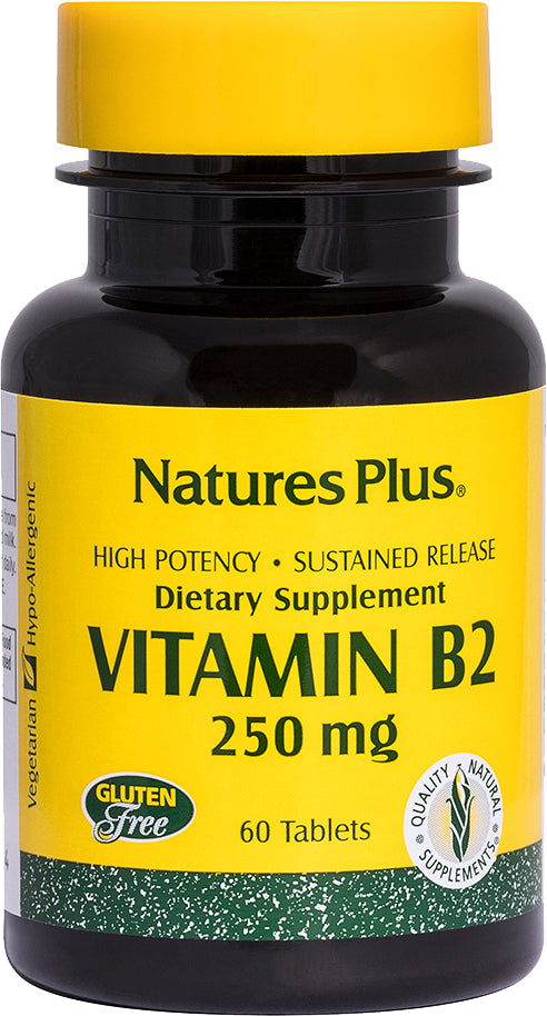 Vitamin B2 (Riboflavin) 250 mg, 60 Vegetarian Sustained Release Tablets , Brand_Nature's Plus Form_Vegetarian Sustained Release Tablets Potency_250 mg Size_60 Tabs