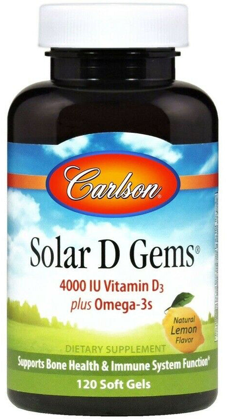 Solar D Gems®, 4000 IU Vitamin D3 + Omega-3s, Lemon Flavor, 120 Softgels , Brand_Carlson Labs Flavor_Lemon Form_Softgels Size_120 Softgels