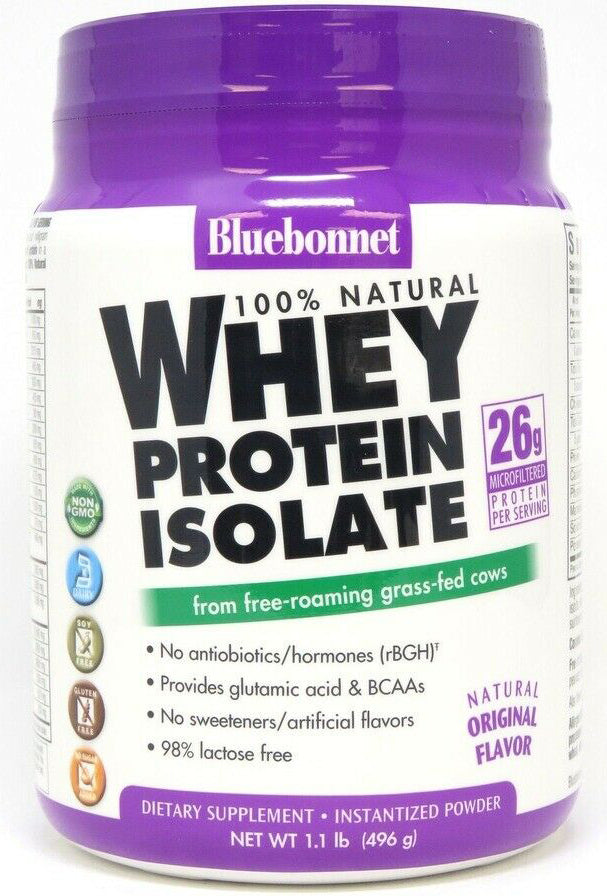 100% Natural Whey Protein Isolate from free-roaming grass-fed cows, 26 g Microfiltered of Protein Per Serving, Original Flavor, 1.1 Lb (496 g) Powder , Brand_Blue Bonnet Flavor_Natural Form_Powder Potency_26 g Size_1 Lbs