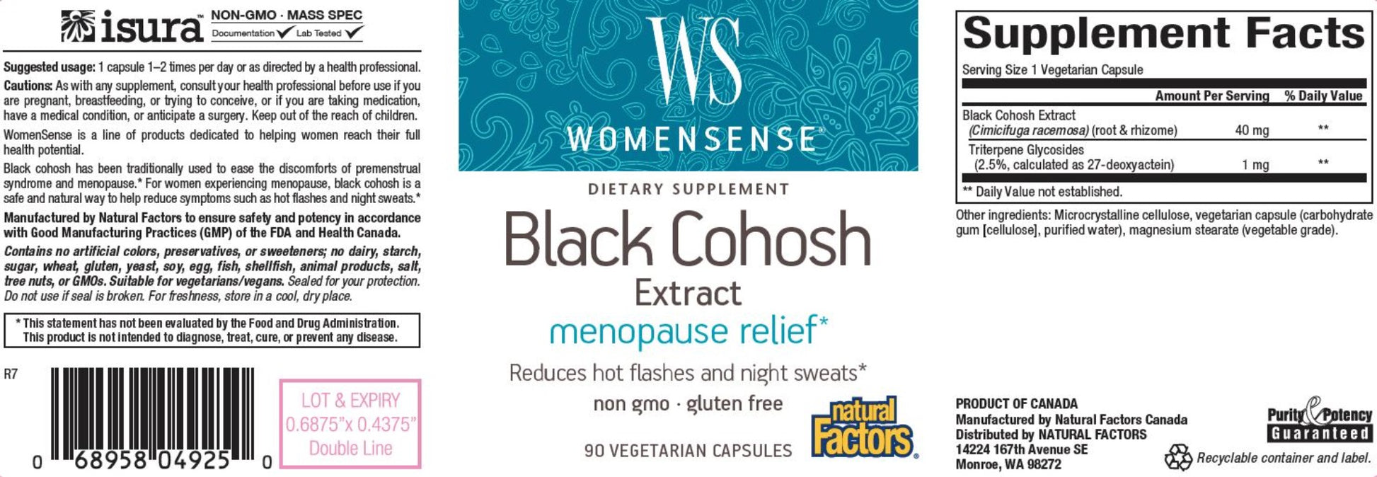 Black Cohosh Extract, 2.5%, 90 vegcaps , Brand_Natural Factors Form_Veg Capsules