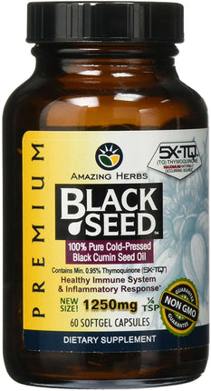 100% Pure Cold-Pressed Black Seed Oil, 1250 mg, 60 Softgels , Brand_Amazing Herbs Flavor_Unflavored Form_Softgels Potency_1250 mg Size_60 Softgels