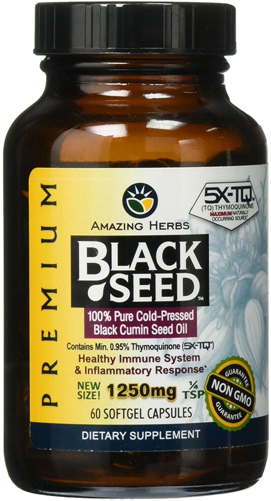100% Pure Cold-Pressed Black Seed Oil, 1250 mg, 60 Softgels , Brand_Amazing Herbs Flavor_Unflavored Form_Softgels Potency_1250 mg Size_60 Softgels
