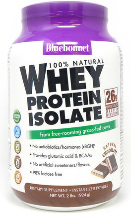 100% Natural Whey Protein Isolate from free-roaming grass-fed cows, 26 g Microfiltered of Protein Per Serving, Natural Chocolate Flavor, 2 Lb (924 g) Powder , Brand_Blue Bonnet Flavor_Chocolate Form_Powder Potency_26 g Size_2 Lbs