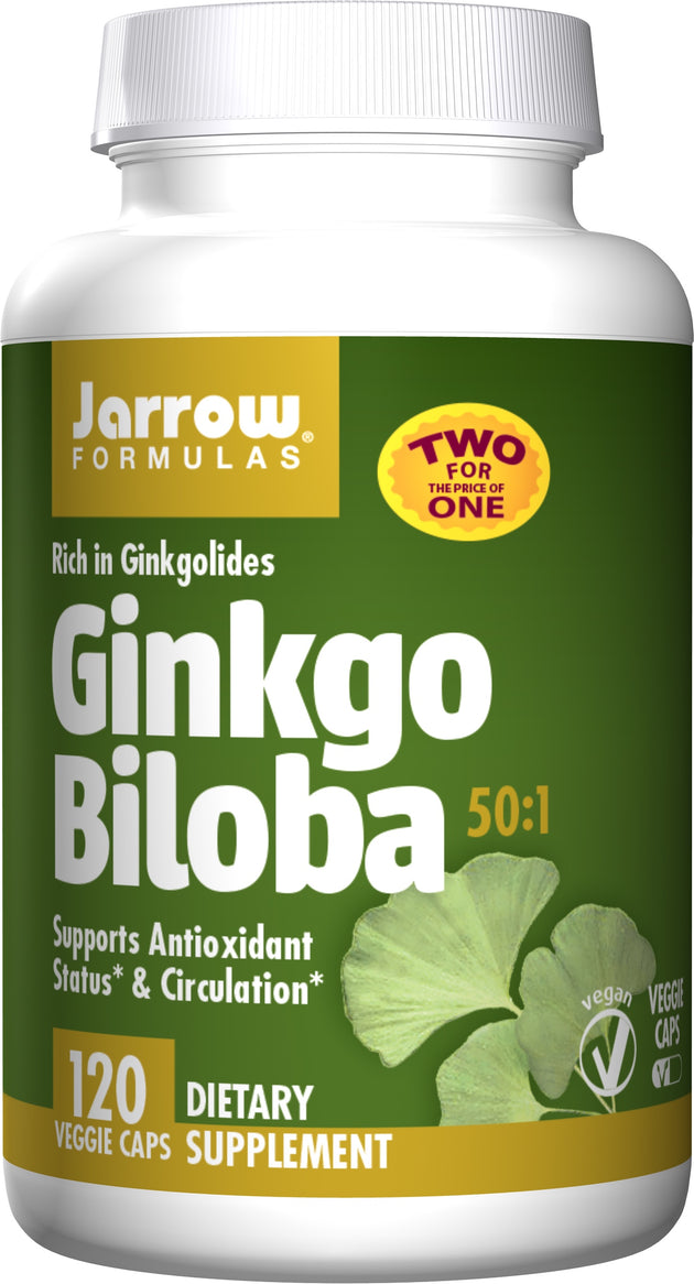 Ginkgo Biloba 50:1, 120 mg, 20 Veggie Caps , Brand_Jarrow Formulas Form_Veggie Caps Potency_120 mg Size_20 Caps