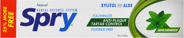 Spry® Fluoride Free Toothpaste with Xylitol and Aloe, Spearmint Flavor, 5 Oz (141 g) Toothpaste