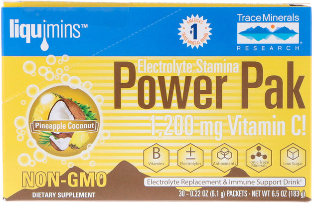 Electrolyte Stamina PowerPak, Pineapple Coconut Flavor, 30 x 0.22 Oz (6.1 g) Powder Packets , Brand_Trace Minerals Flavor_Pineapple Coconut Form_Powder Size_0.22 Oz