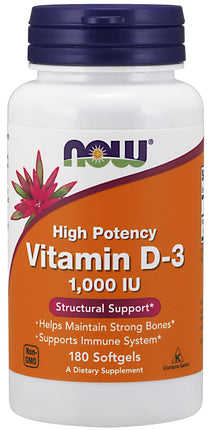 Vitamin D-3 1000 IU, 180 Softgels , Brand_NOW Foods Form_Softgels Potency_1000 iu Size_180 Softgels