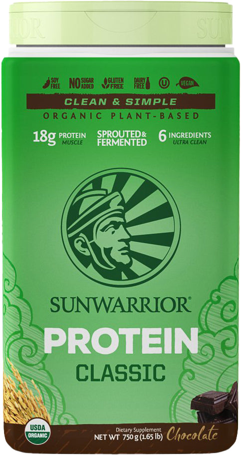 Organic Plant-Based Protein, 20 g of Protein, Chocolate Flavor, 1.65 Lb (750 g) Powder , Brand_Sunwarrior Flavor_Chocolate Form_Powder Potency_18 g Size_750 g