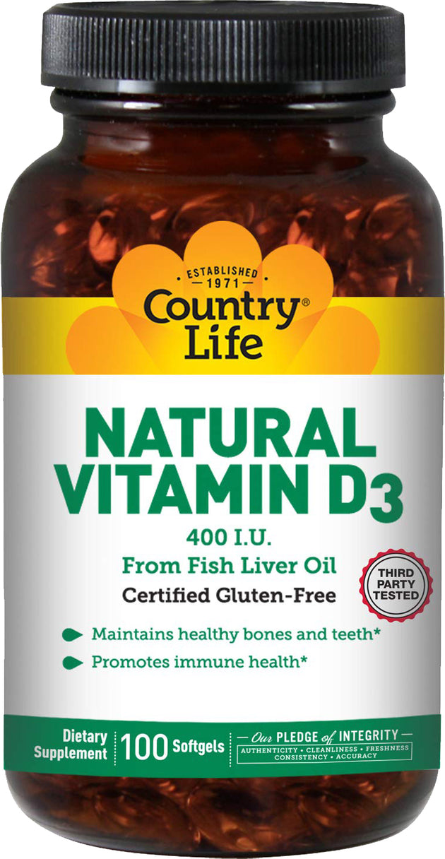 Natural Vitamin D3, 400 IU, 100 Softgels , Brand_Country Life Form_Softgels Potency_400 IU Size_100 Softgels