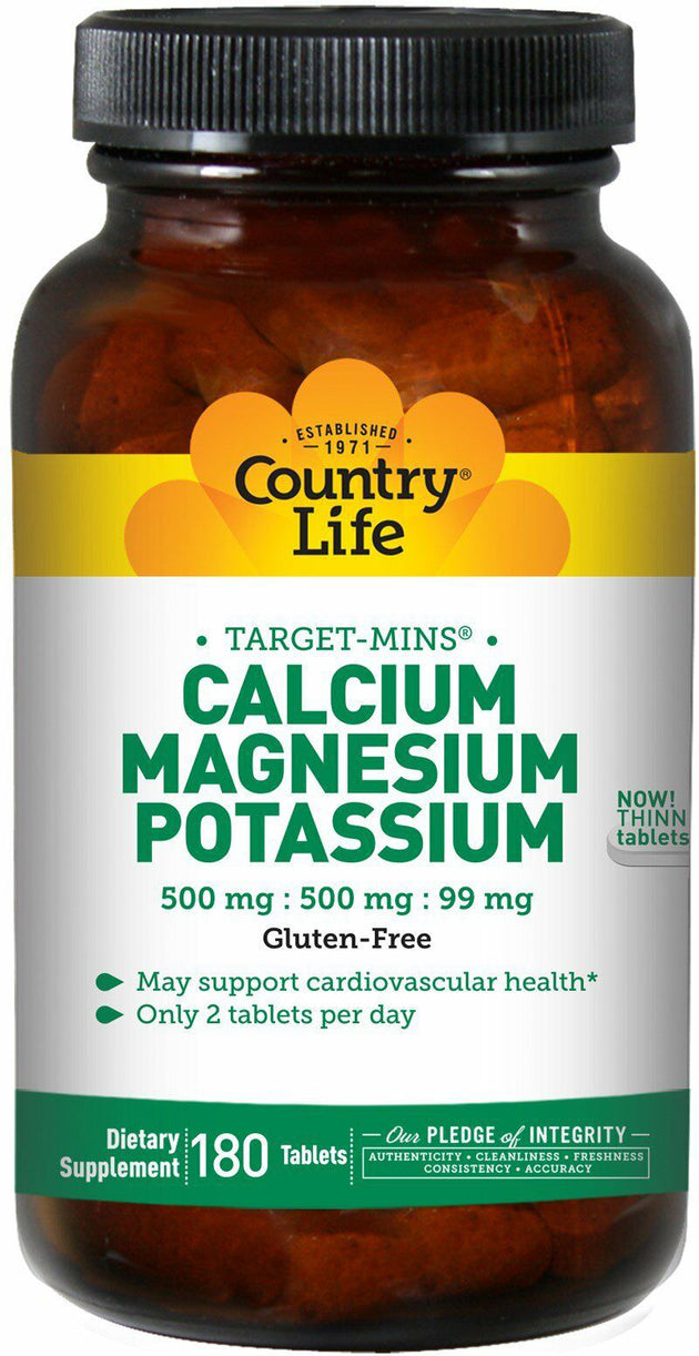 Calcium Magnesium and Potassium, 500 mg 500 mg and 99 mg, 180 Tablets , Brand_Country Life Form_Tablets Potency_500 mg Size_180 Tabs
