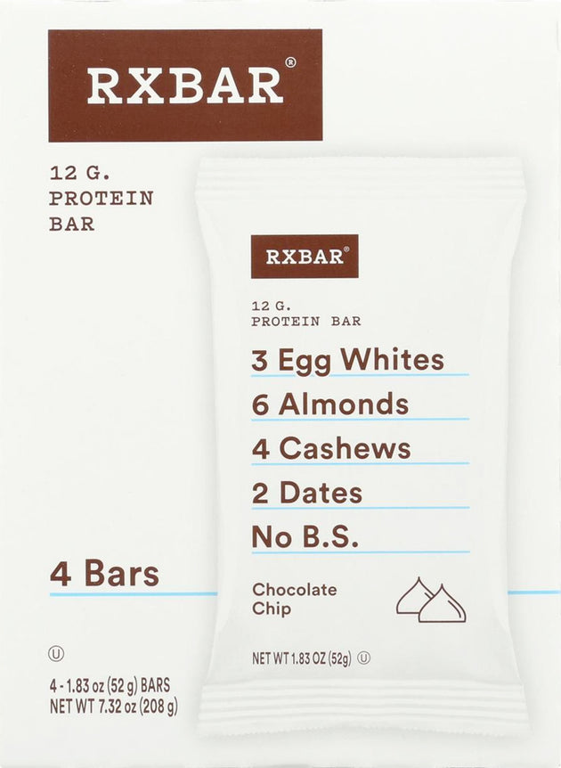 Protein Bar (4 Pack), 12 g of Protein, Chocolate Chip Flavor, 1.83 Oz (52 g) Bar x 4 , Brand_RXBar Flavor_Chocolate Chip Form_Bar Potency_12 g Size_1.83 Oz