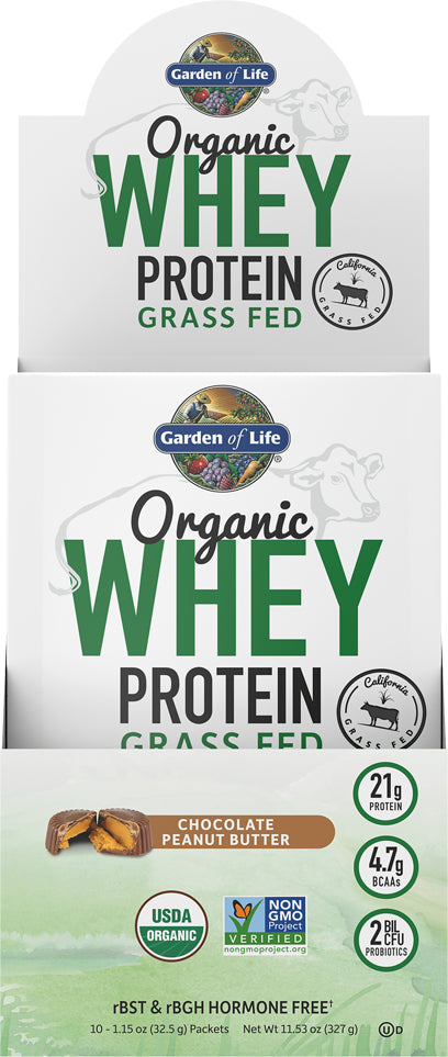 Organic Grass-Fed Whey Protein, Peanut Butter Flavor, 1.15 Oz (32.5 g) Powder , Brand_Garden of Life Flavor_Peanut Butter Form_Powder Size_1.15 Oz