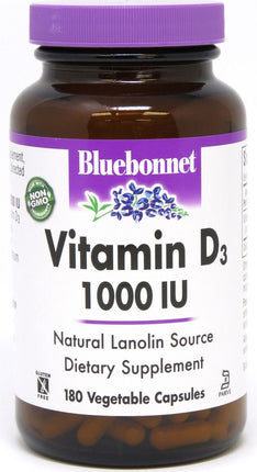Vitamin D3, 1000 IU, 180 Vegetable Capsules , Brand_Bluebonnet Flavor_Unflavored Potency_1000 mg Size_180 Caps