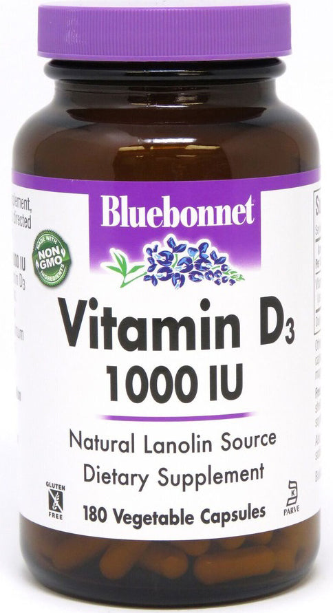 Vitamin D3, 1000 IU, 180 Vegetable Capsules , Brand_Bluebonnet Flavor_Unflavored Potency_1000 mg Size_180 Caps