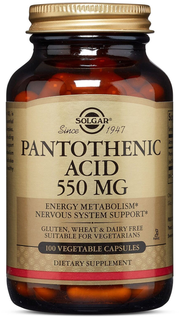 Pantothenic Acid, 550 mg, 100 Vegetable Capsules , Brand_Solgar Form_Vegetable Capsules Potency_550 mg Size_100 Caps
