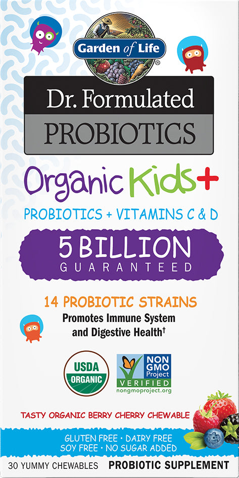 Dr. Formulated Probiotics Organic Kids+, Berry Cherry Flavor, 5 Billion CFU, 30 Chewables , Brand_Garden of Life Flavor_Cherry Form_Chewables Size_30 Chewables