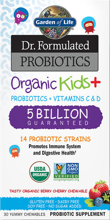 Dr. Formulated Probiotics Organic Kids+, Berry Cherry Flavor, 5 Billion CFU, 30 Chewables