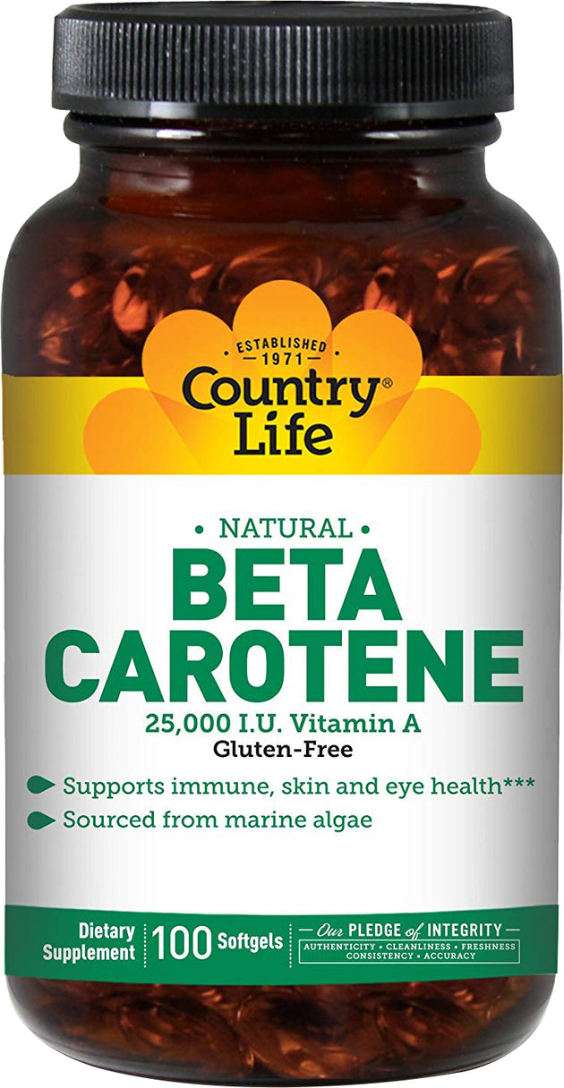 Natural Beta Carotene 25000 IU, 100 Softgels , Brand_Country Life Form_Softgels Size_100 Softgels