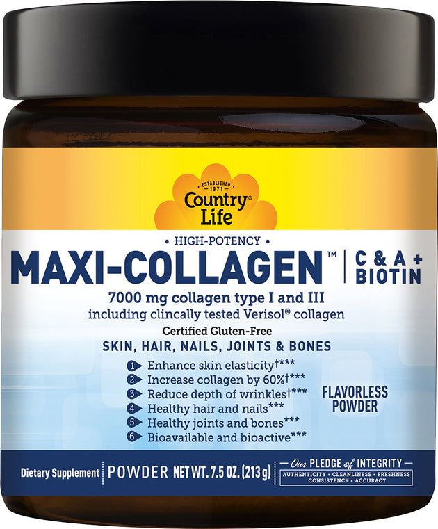 Maxi-Collagen™ C & A + Biotin, Flavorless Powder, 7.5 oz (213 Grams) , Brand_Country Life Form_Powder Size_7.5 Oz