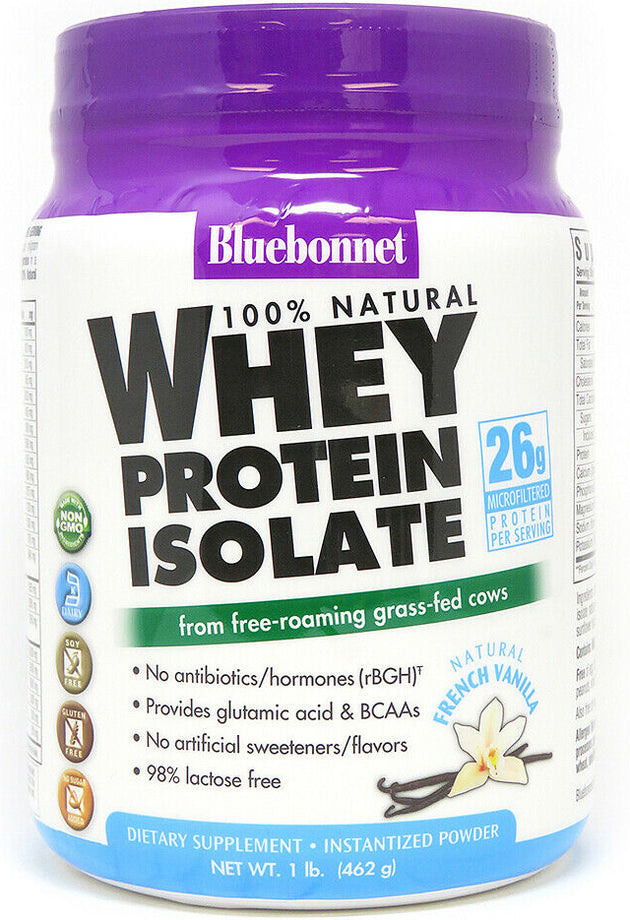 100% Natural Whey Protein Isolate from free-roaming grass-fed cows, 26 g Microfiltered of Protein Per Serving, French Vanilla Flavor, 1.1 Lb (496 g) Powder , Brand_Blue Bonnet Flavor_Vanilla Form_Powder Potency_26 g Size_1 Lbs