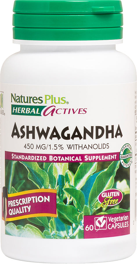 Herbal Actives Ashwagandha (Withania somnifera) 450 mg, 1.5% Withanolids, 29 - 60 Vegan Capsules , Brand_Nature's Plus Form_Vegan Capsules Potency_450 mg Size_60 Caps