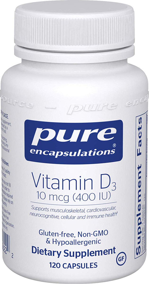 Vitamin D3 10 mcg (400 IU), 120 Capsules , Brand_Pure Encapsulations Form_Capsules Not Emersons Potency_400 IU Size_120 Caps