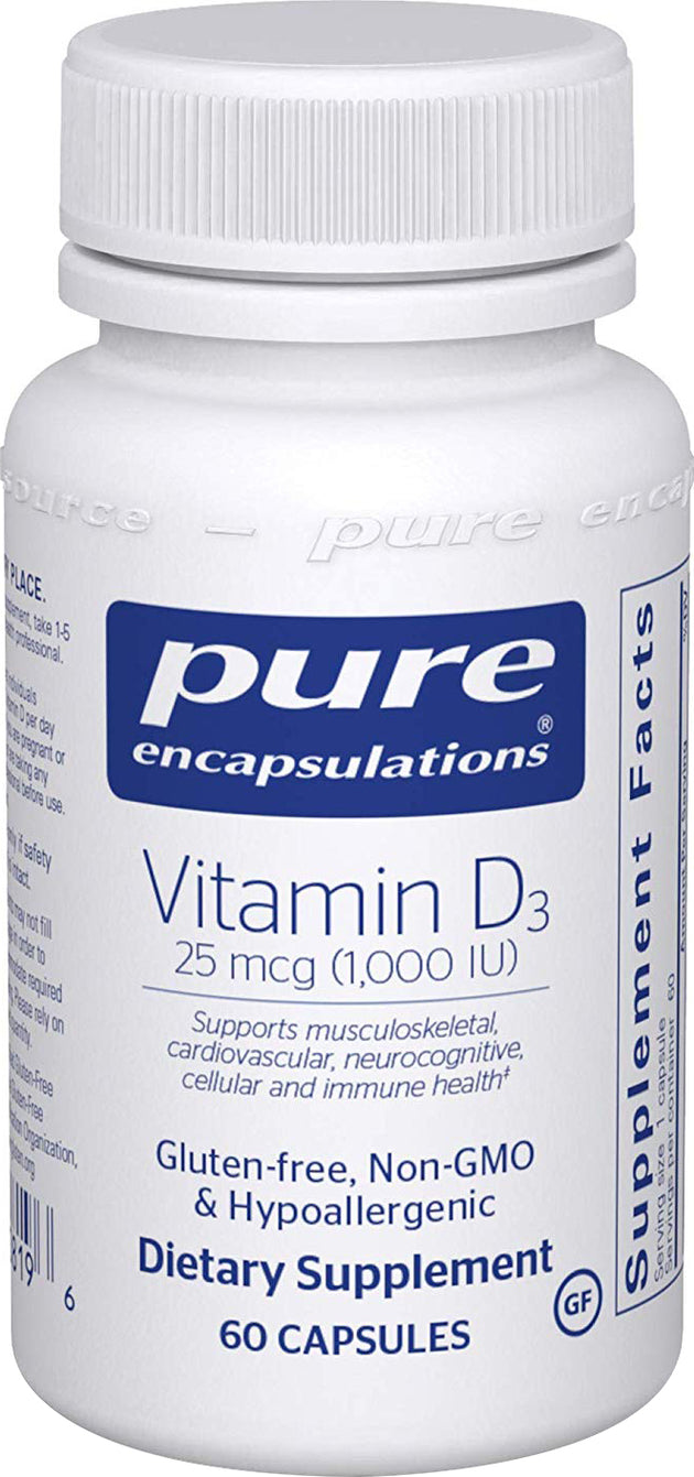 Vitamin D3 25 mcg (1,000 IU), 60 Capsules , Brand_Pure Encapsulations Form_Capsules Not Emersons Potency_1000 iu Size_60 Caps