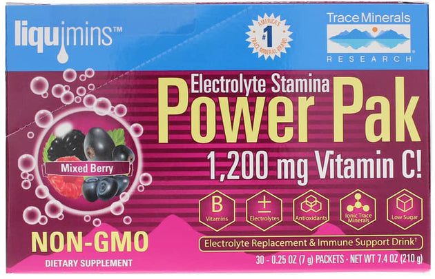 Electrolyte Stamina PowerPak, Mixed Berry Flavor, 30 x 0.25 Oz (7 g) Powder Packets , Brand_Trace Minerals Flavor_Mixed Berry Form_Powder Size_0.25 Oz