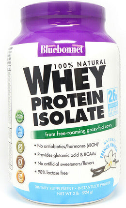100% Natural Whey Protein Isolate from free-roaming grass-fed cows, 26 g Microfiltered of Protein Per Serving, French Vanilla Flavor, 2 Lb (924 g) Powder , Brand_Blue Bonnet Flavor_Vanilla Form_Powder Potency_26 g Size_2 Lbs