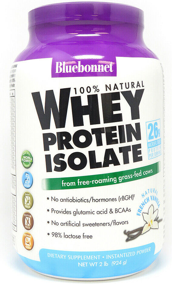 100% Natural Whey Protein Isolate from free-roaming grass-fed cows, 26 g Microfiltered of Protein Per Serving, French Vanilla Flavor, 2 Lb (924 g) Powder , Brand_Blue Bonnet Flavor_Vanilla Form_Powder Potency_26 g Size_2 Lbs