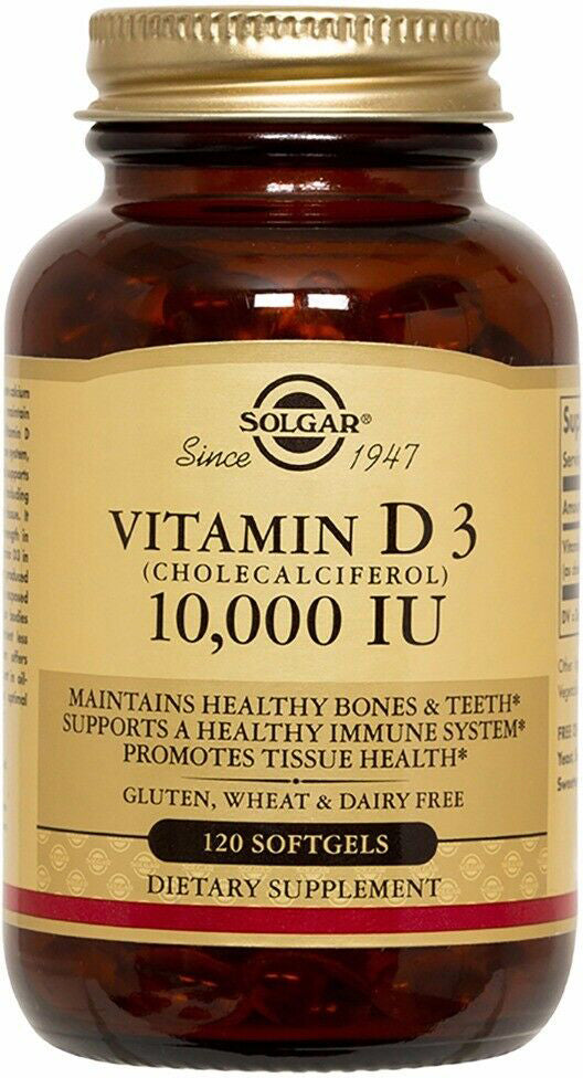Vitamin D3 (Cholecalciferol), 10000 IU, 120 Softgels , Brand_Solgar Form_Softgels Size_120 Softgels