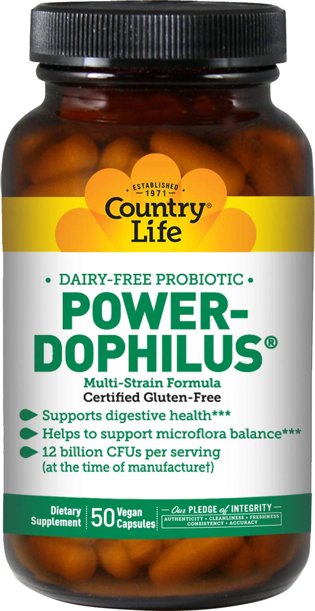 Power-Dophilus®, Milk Free, (Certified Gluten-Free), 12 Billion CFU's, 50 Vegan Capsules , Brand_Country Life Form_Vegan Capsules Size_50 Vegan Capsules