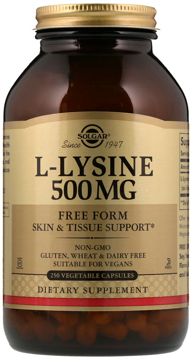 L-Lysine (Free Form), 500 mg, 250 Vegetable Capsules , Brand_Solgar Form_Vegetable Capsules Potency_500 mg Size_250 Caps