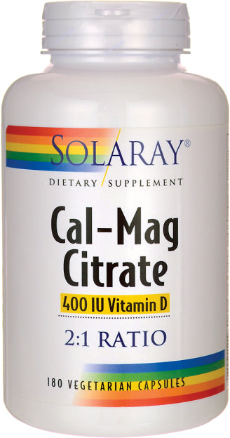 Calcium & Magnesium Citrate with Vitamin D-2, 2:1 Ratio, 180 Capsules , Brand_Solaray Form_Capsules Size_180 Caps