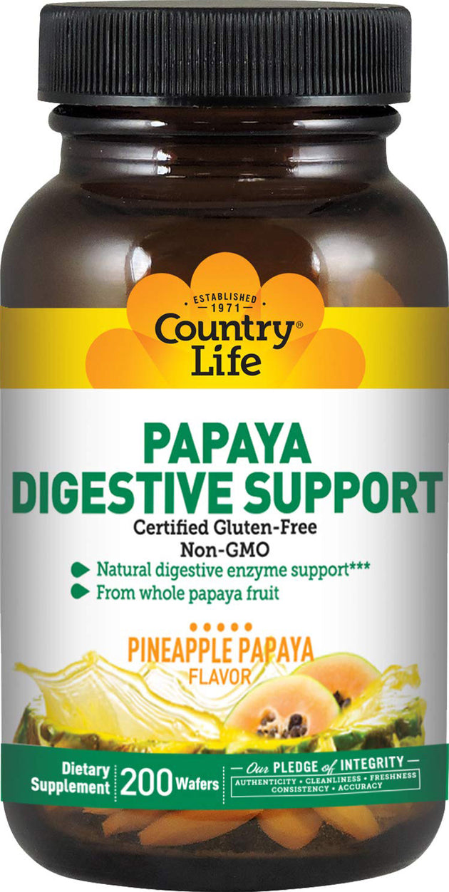 Papaya Digestive Support, Pineapple Papaya Flavor, 200 Chewable Wafers , Brand_Country Life Flavor_Pineapple Papaya Form_Chewable Wafers Size_200 Chewables