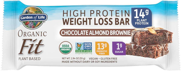 Organic Fit High Protein Weight Loss Bar, 14 g of Plant Protein, Chocolate Almond Brownie Flavor, 1.94 Oz (55 g) Bar , Brand_Garden of Life Flavor_Chocolate Almond Brownie Form_Bar Potency_14 g Size_1.94 Oz
