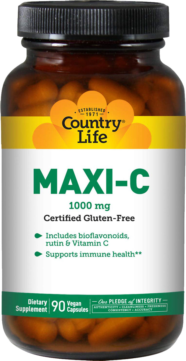 Maxi-C Caps, 1000 mg with Bioflavonoids and Rutin, 90 Vegan Capsules , Brand_Country Life Potency_1000 mg Size_90 Caps