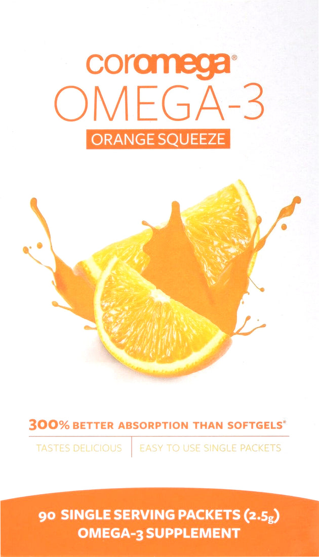 Omega-3 Orange Squeeze, Orange Flavor, 90 Single Serve Packets , Brand_Coromega Flavor_Orange Form_Packets Size_90 Count