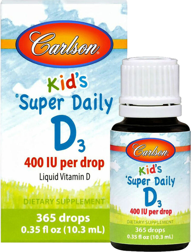 Kid's Super Daily D3, 400 IU, 365 drops, 0.35 Fl Oz (10.3 mL) Liquid , Brand_Carlson Labs Form_Liquid Potency_400 IU Size_0.35 Fl Oz