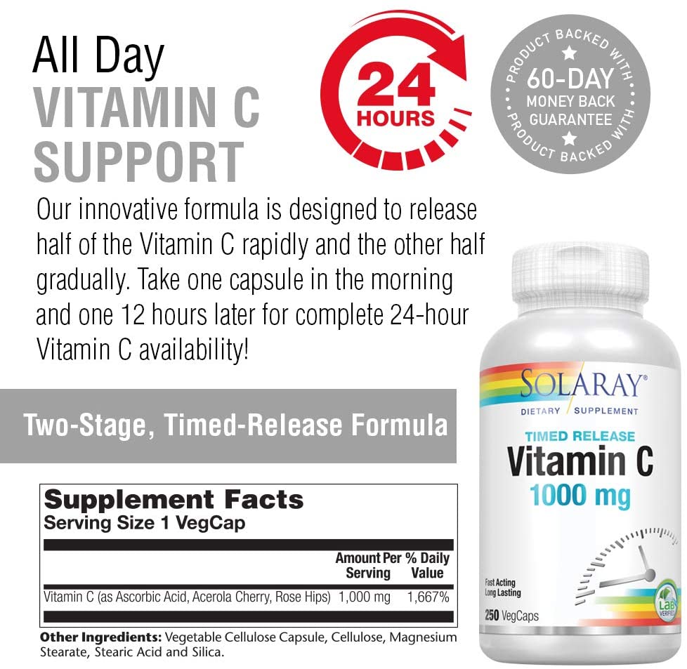 Solaray Vitamin C with Rose Hips & Acerola | Two-Stage Timed-Release Formula | 1000mg | 24-Hour Immune Support & Antioxidant Supplement | 250 Ct. , This is a Vitamin C Product