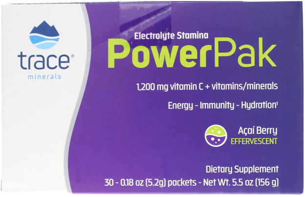 Electrolyte Stamina PowerPak, Acai Berry Flavor, 30 x 0.18 Oz (5.2 g) Powder Packets , Brand_Trace Minerals Flavor_Acai Berry Form_Powder Size_0.18 Oz