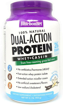 100% Natural Dual-Action Protein Whey + Casein from free-roaming grass-fed cows, 26 g Microfiltered of Protein Per Serving, French Vanilla Flavor, 2.1 Lb (952 g) Powder , Brand_Blue Bonnet Flavor_Vanilla Form_Powder Potency_26 g Size_2 Lbs