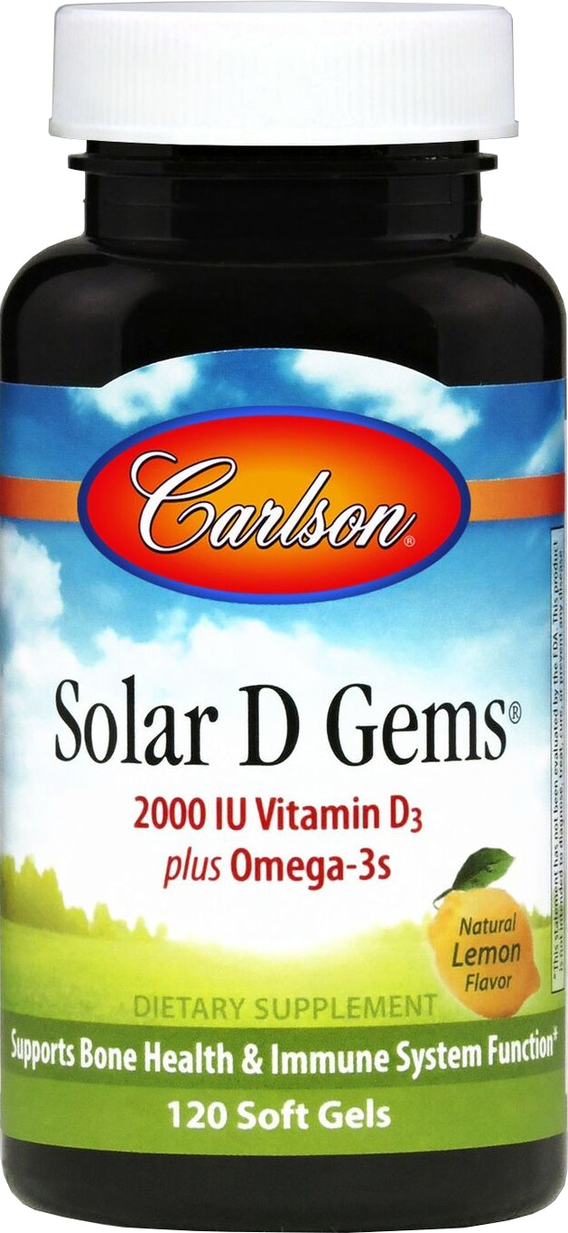 Solar D Gems®, 2000 IU Vitamin D3 + Omega-3s, Lemon Flavor, 120 Softgels , Brand_Carlson Labs Flavor_Lemon Form_Softgels Potency_2000 iu Size_120 Softgels