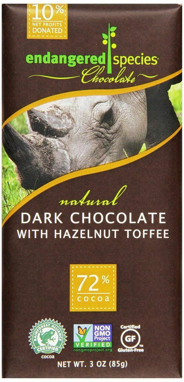 Natural Dark Chocolate with Hazelnut Toffee, 72% Cocoa, 3 Oz (85 g) Bar , Brand_Endangered Species Form_Bar Size_3 Oz
