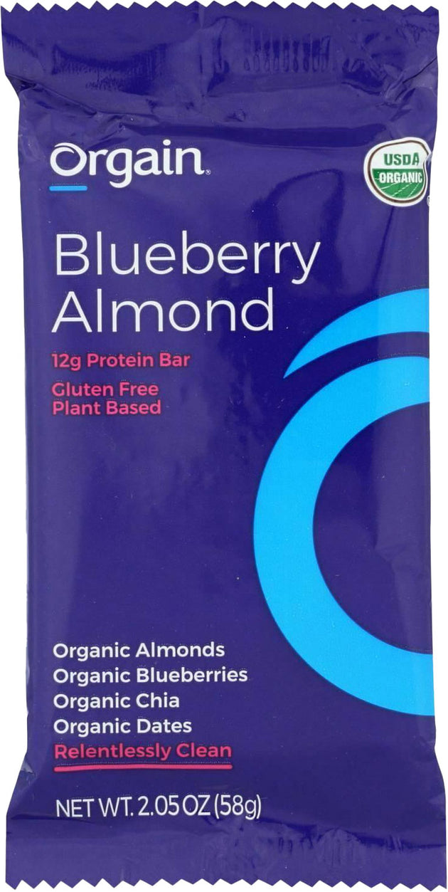 12 g Organic Plant Based Protein Bar, Blueberry Almond Flavor, 2.05 Oz (58 g) Bar , Brand_Orgain Flavor_Blueberry Almond Form_Bar Potency_12 g Size_2.05 Oz