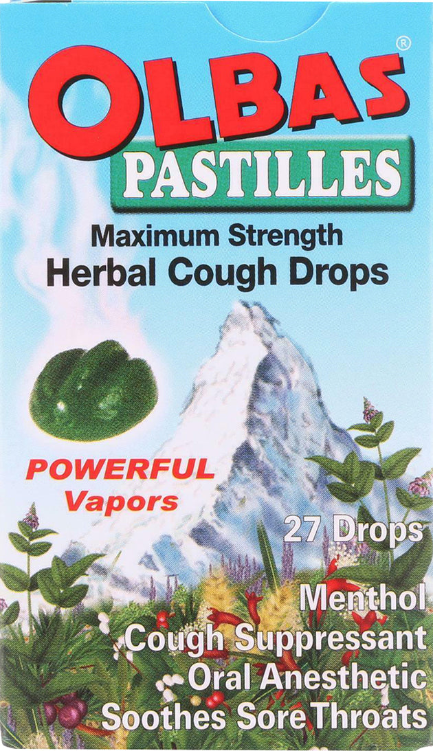 Maximum Strength Herbal Cough Drops Pastilles, Methol Flavor, 27 Drops , Brand_Olbas Flavor_Methol Form_Drops Size_27 Count