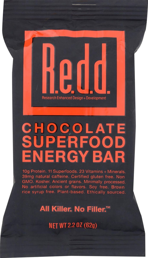 Chocolate Superfood Energy Bar, 10 g of Protein and 39 mg of Natural Caffeine, 2.2 Oz (62 g) Bar , Brand_Redd Form_Bar Potency_10 g Size_2.2 Oz