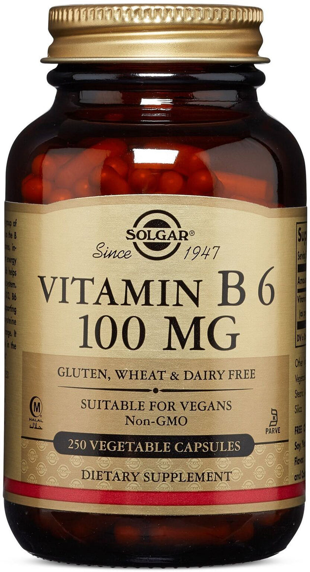 Vitamin B6, 100 mg, 250 Vegetable Capsules , Brand_Solgar Potency_100 mg Size_250 Caps