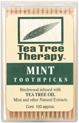 Mint Toothpicks made of Birchwood Infused with Tea Tree Oil, Mint Flavor, Approx 100 Toothpicks , Brand_Tea Tree Therapy Inc Flavor_Mint Form_Toothpicks Size_100 Count